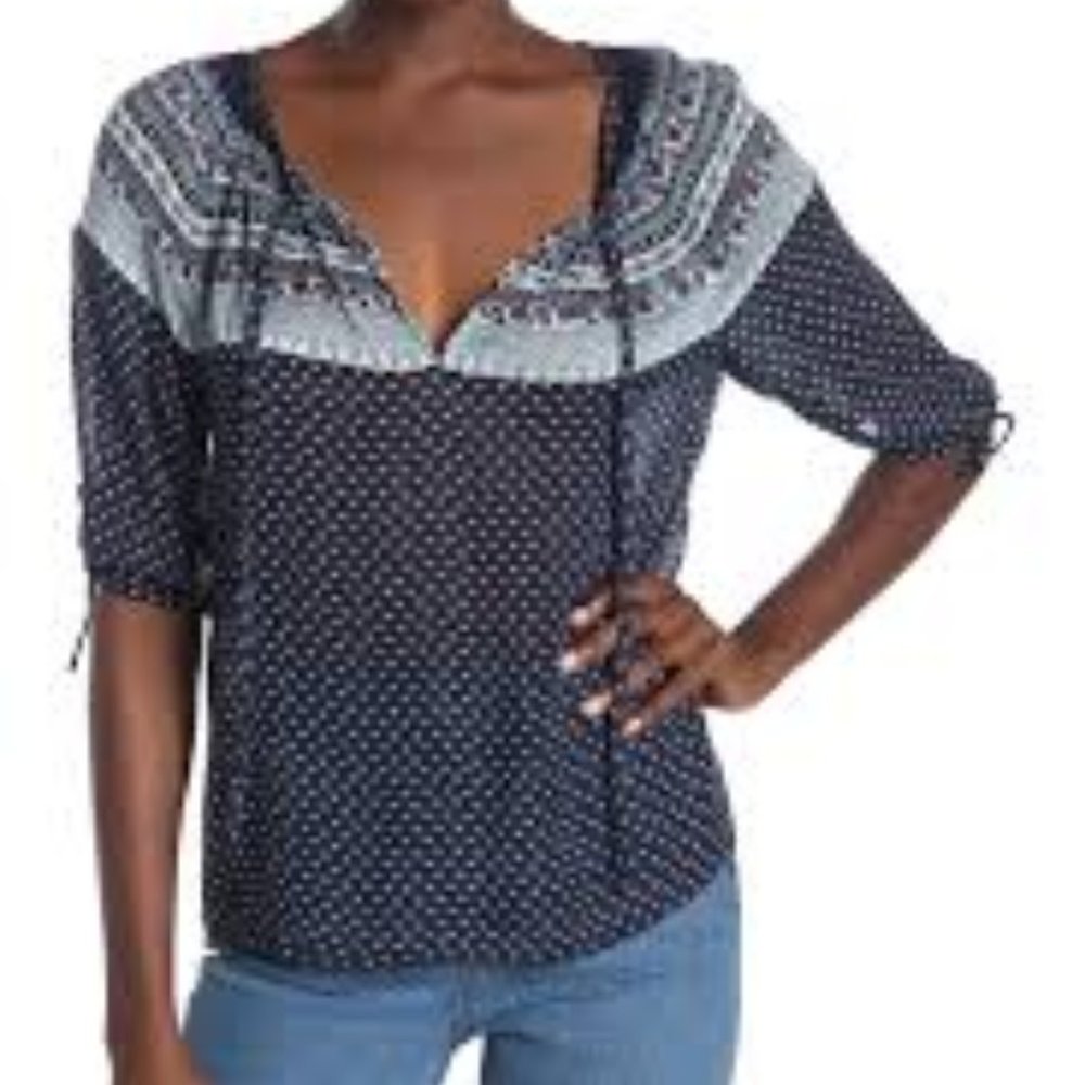 Lucky Brand Navy and White Printed Peasant Blouse